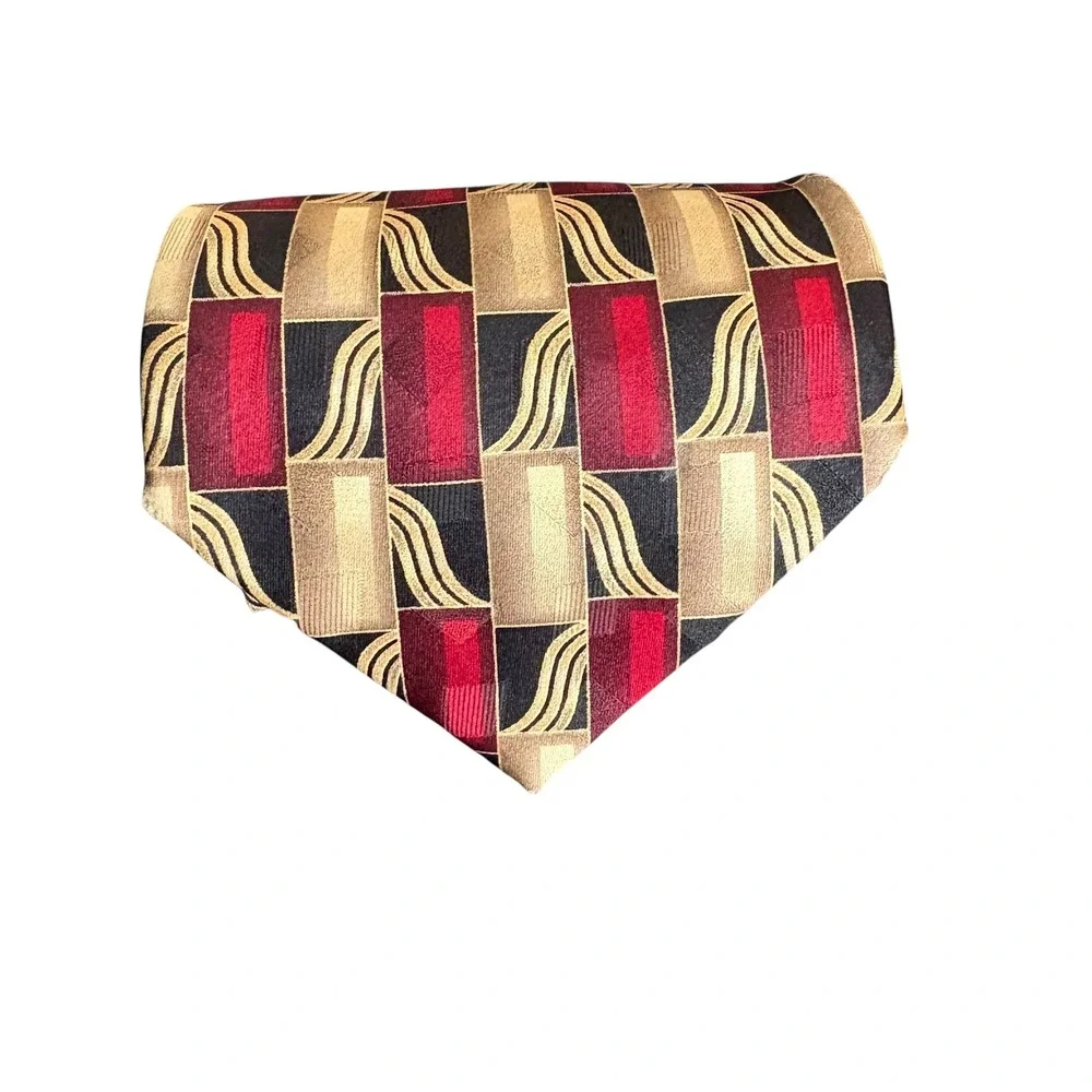 Signorcelli d'Italia Tie Men's 100% Silk Red Gold Black Geometric‎ Made in Korea